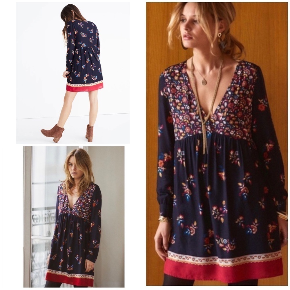 NWT Sézane Daphna Floral V-Neck Long Sleeves Mid Thigh Length Blue Dress 38 M‌‌‍